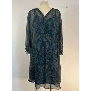 Vera Wang Dress Sz Large Sheer Blue Green Botanical Paisley Floral Lined EUC